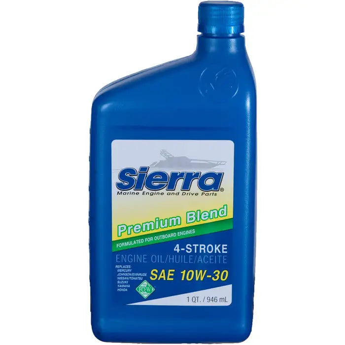 SIERRA, 10W-30, FC-W, 4 STROKE, MARINE, OUTBOARD, ENGINE, OIL, PREMIUM, BLEND, QUART, GALLON, 92-802833Q1, 92-802835Q1, 18-9420-3, 18-9420-3, Honda 08209-10W30MFC-W, 08207-10W30MFC-W, Mercury 92-8M0078626, 92-8M0078625, Yamaha, LUB-10W30-FC-04, LUB-10W30-FC-12, Mallory, 9-82351, 9-82350, Sierra 18-9420-2P