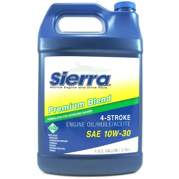 SIERRA, 10W-30, FC-W, 4 STROKE, MARINE, OUTBOARD, ENGINE, OIL, PREMIUM, BLEND, QUART, GALLON, 92-802833Q1, 92-802835Q1, 18-9420-3, 18-9420-3, Honda 08209-10W30MFC-W, 08207-10W30MFC-W, Mercury 92-8M0078626, 92-8M0078625, Yamaha, LUB-10W30-FC-04, LUB-10W30-FC-12, Mallory, 9-82351, 9-82350, Sierra 18-9420-2P